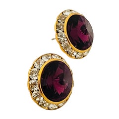 Vintage gold purple rivioli glass clear rhinestones designer earrings