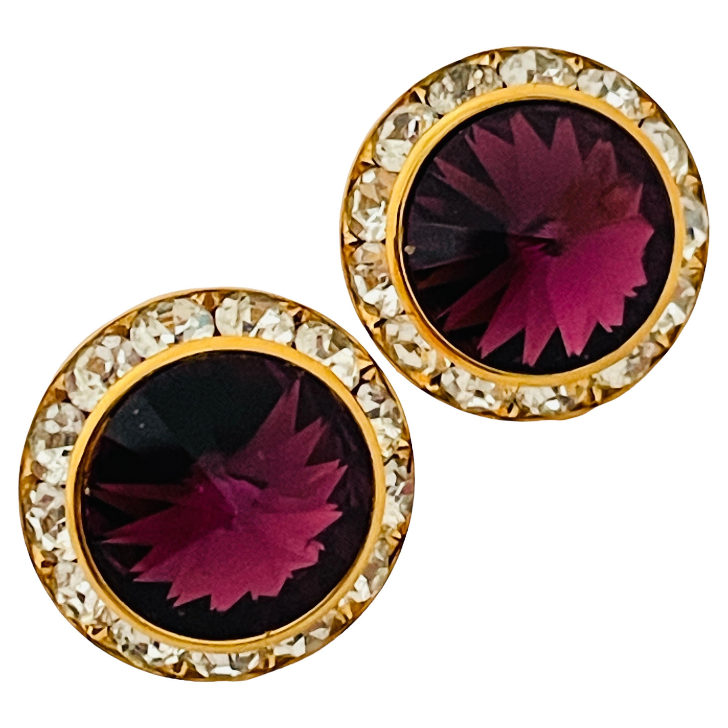 Vintage gold purple rivioli glass clear rhinestones designer earrings