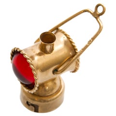 Vintage Gold Railway Lantern Charm Pendant with Green and Red Glass