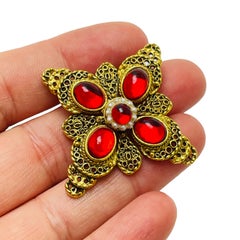Vintage gold red cabs Maltese cross designer brooch