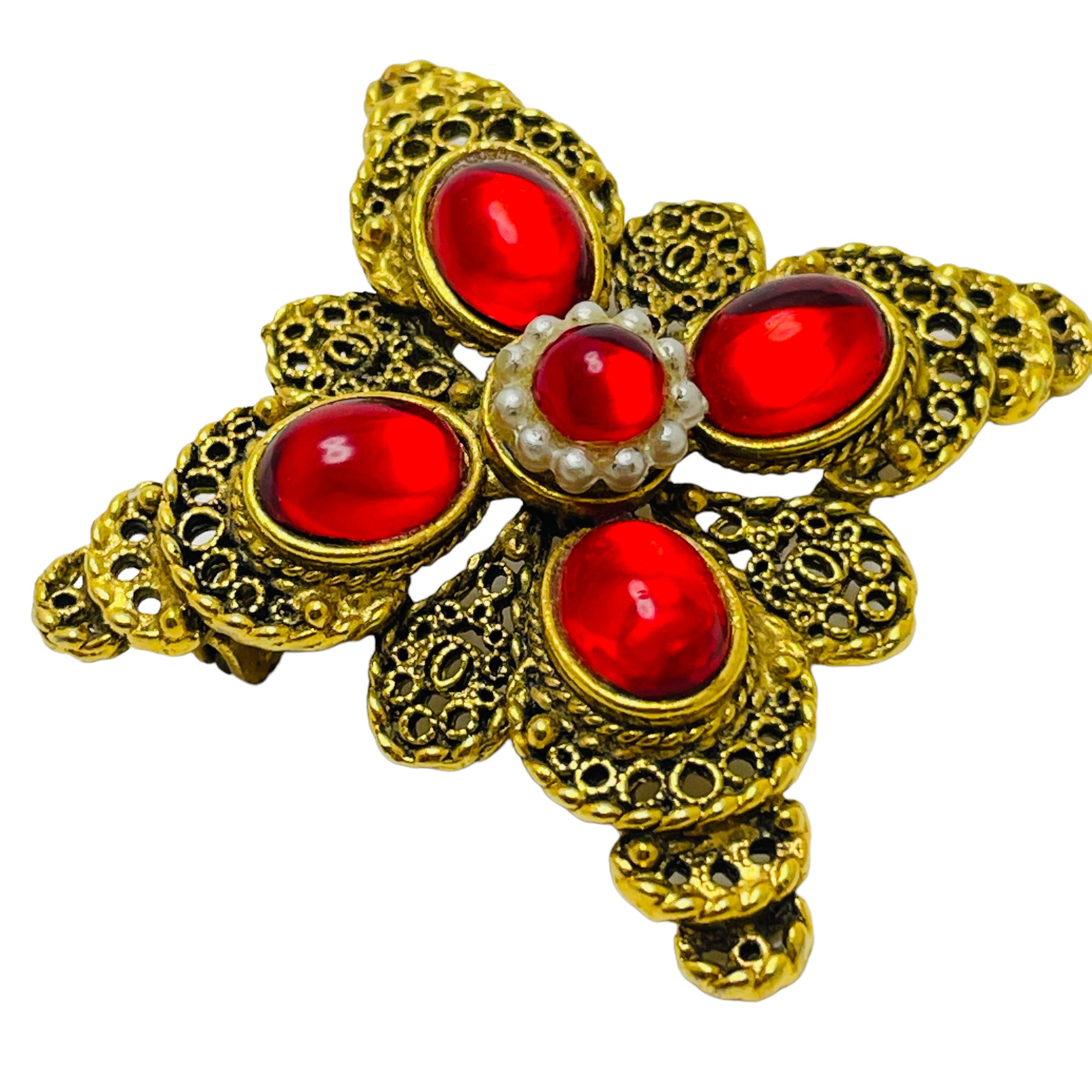 Women's or Men's Vintage gold red cabs Maltese cross designer brooch For Sale