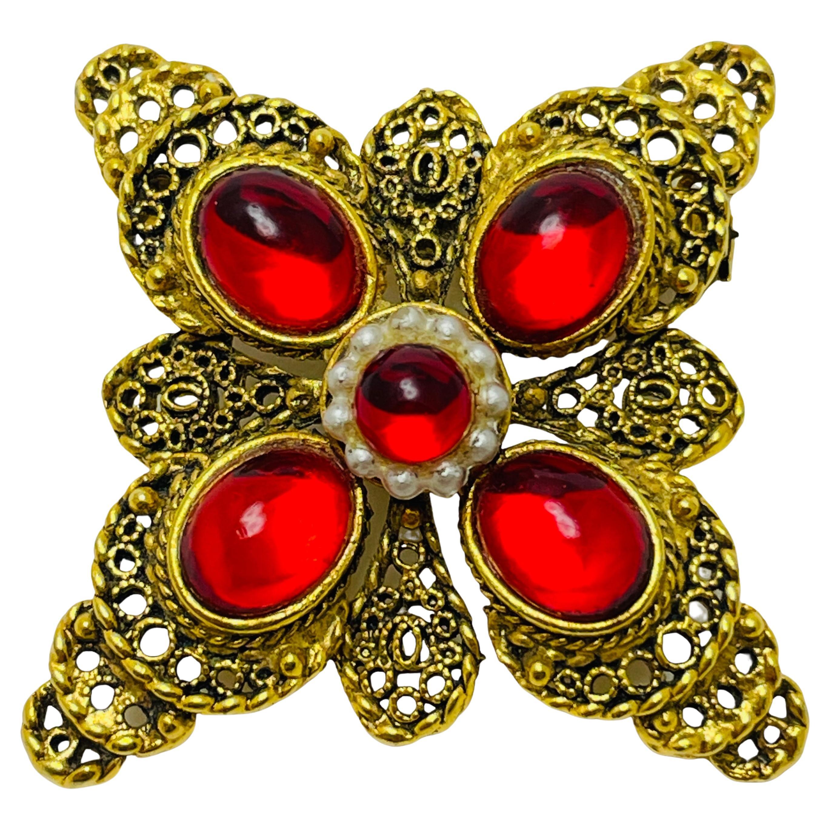 Vintage gold red cabs Maltese cross designer brooch For Sale