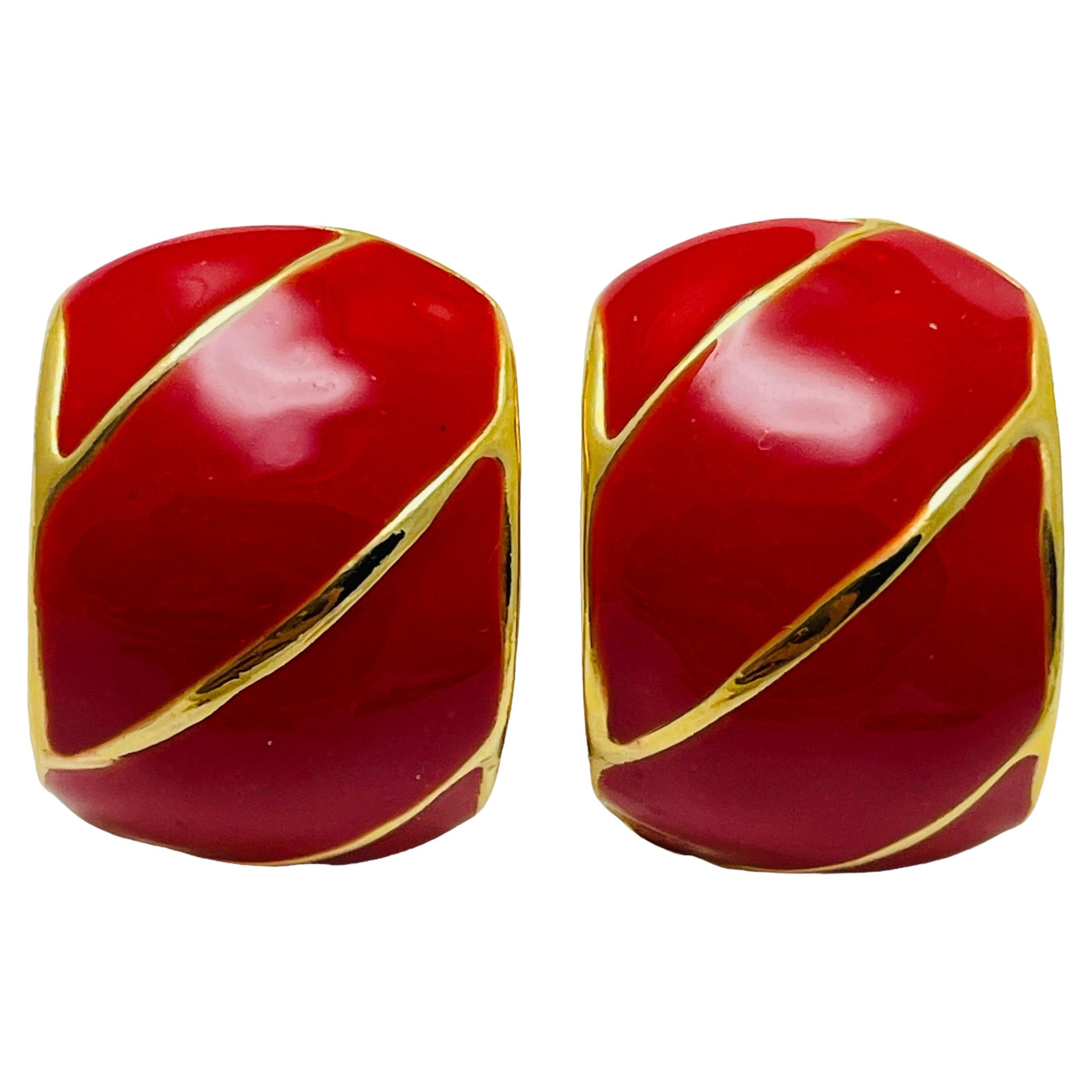 Vintage gold red enamel designer runway clip on earrings For Sale