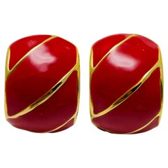Pendientes de clip de diseñador con esmalte rojo dorado vintage