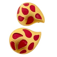 Vintage gold red enamel modernist massive designer runway clip on earrings