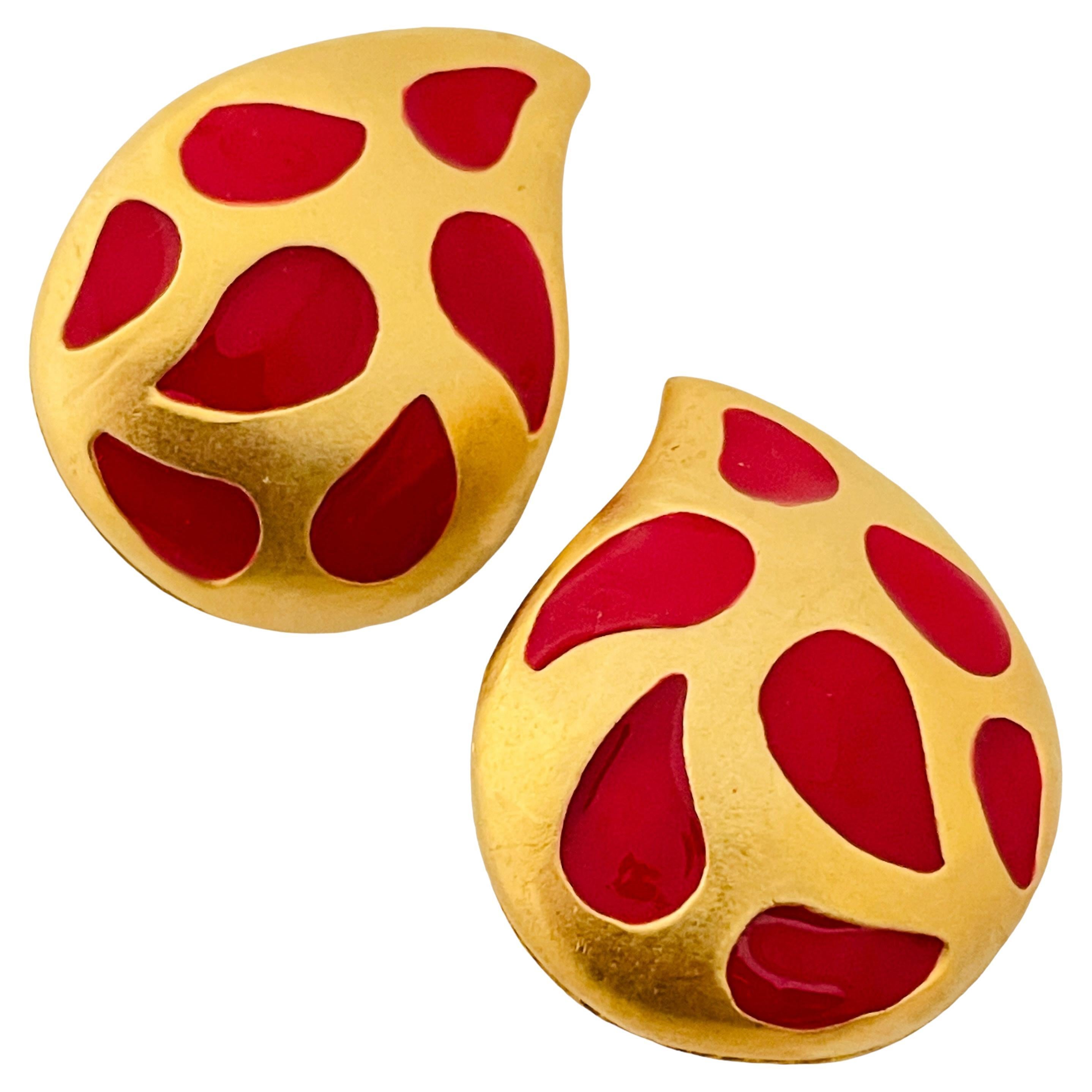 Vintage gold red enamel modernist massive designer runway clip on earrings For Sale