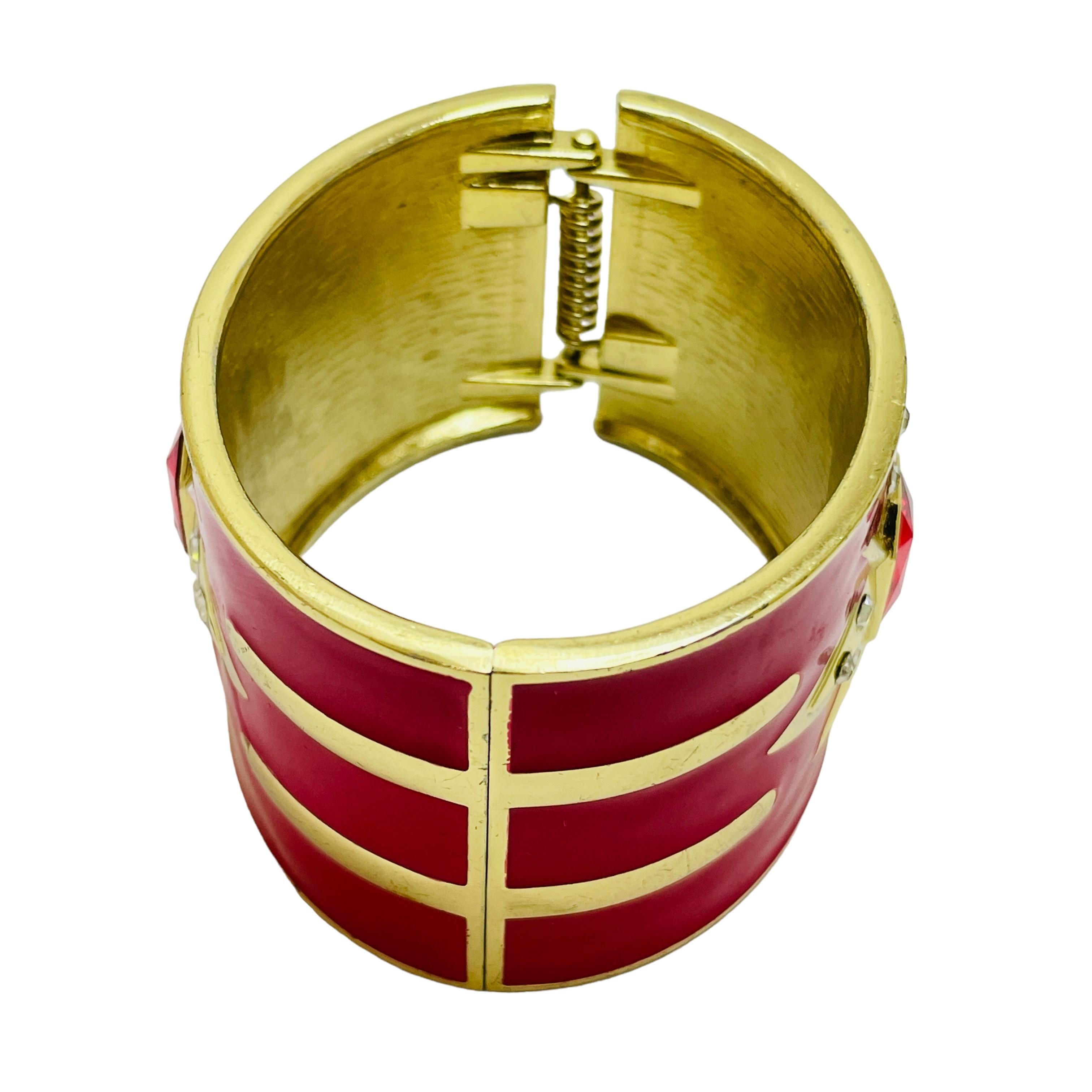 Women's or Men's Vintage gold red enamel rhinestone designer runway bangle bracelet