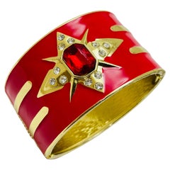 Vintage gold red enamel rhinestone designer runway bangle bracelet
