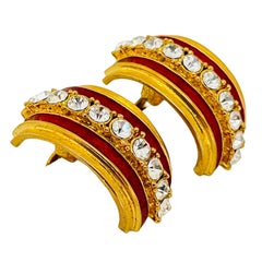 Vintage gold red enamel rhinestone designer runway earrings