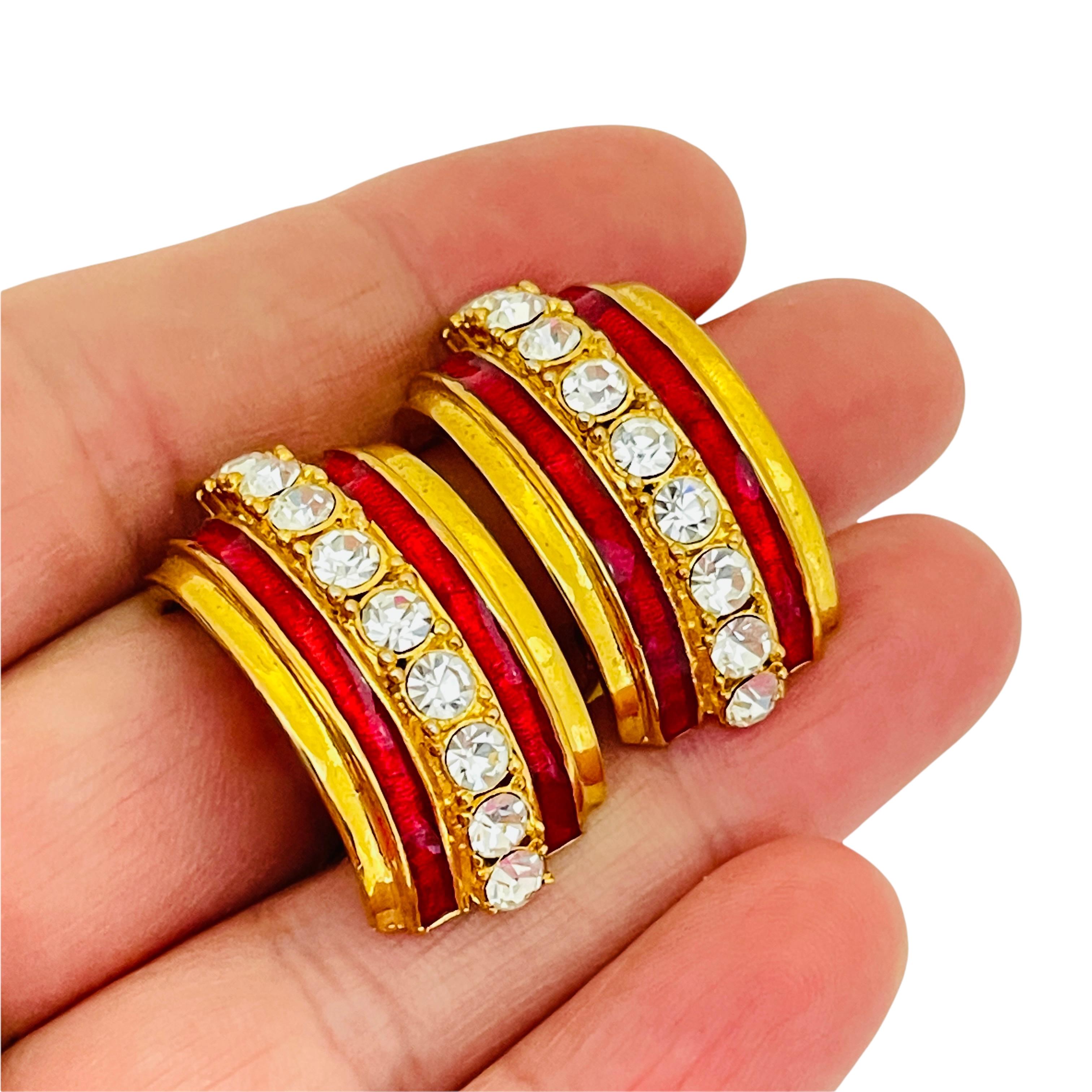 Vintage gold red enamel rhinestone designer runway earrings For Sale 1