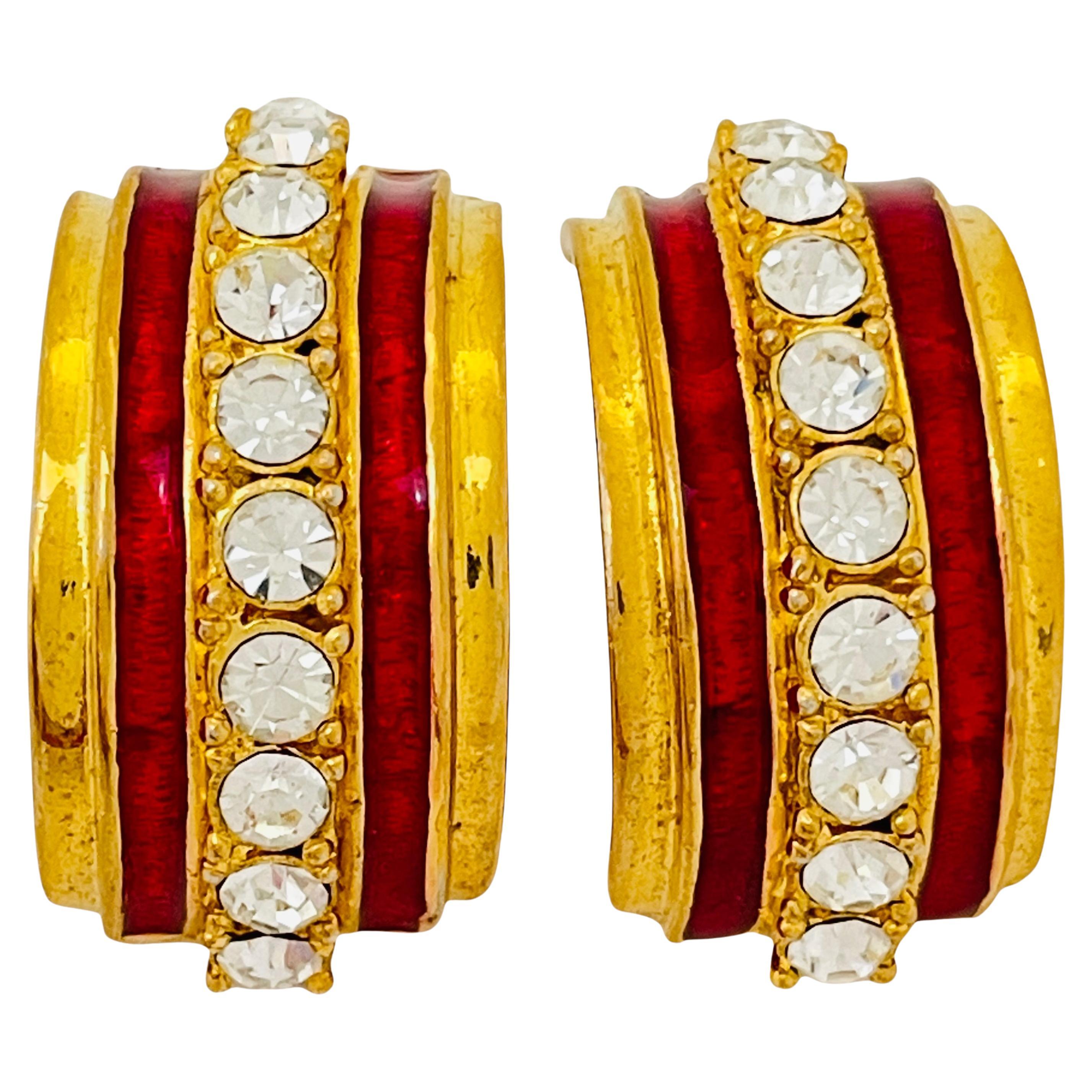 Vintage gold red enamel rhinestone designer runway earrings For Sale