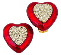Vintage gold red enamel rhinestone heart designer runway clip on earrings