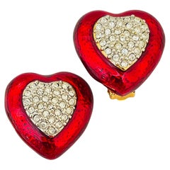 Vintage gold red enamel rhinestone heart designer runway clip on earrings