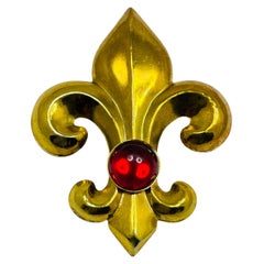 Vintage gold red fleur de lis designer runway brooch