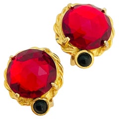 Vintage gold red glass black Etruscan designer earrings