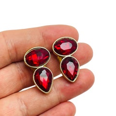 Vintage gold red glass designer runway clip on earrings