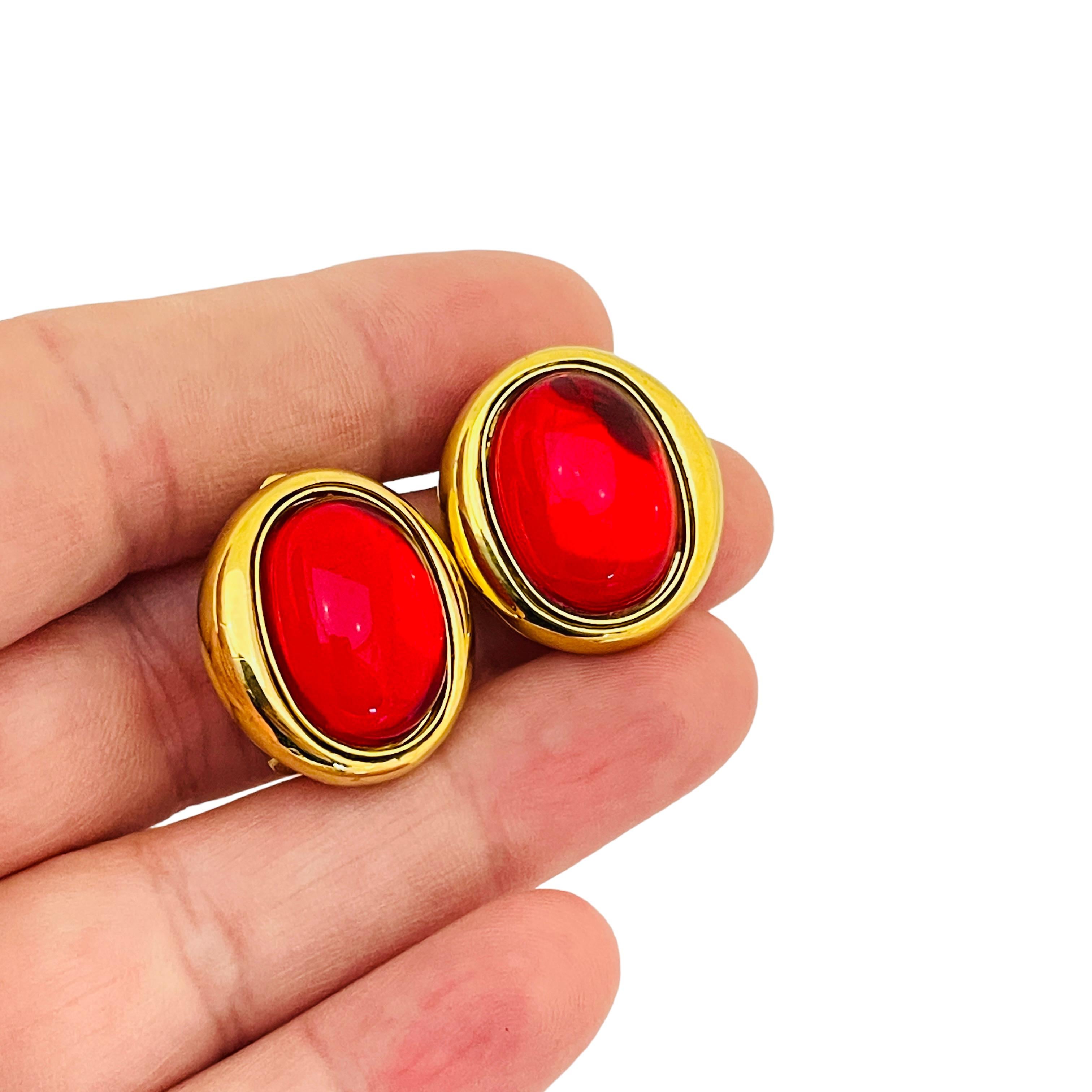 Women's or Men's Vintage gold red glass designer runway clip on earrings For Sale