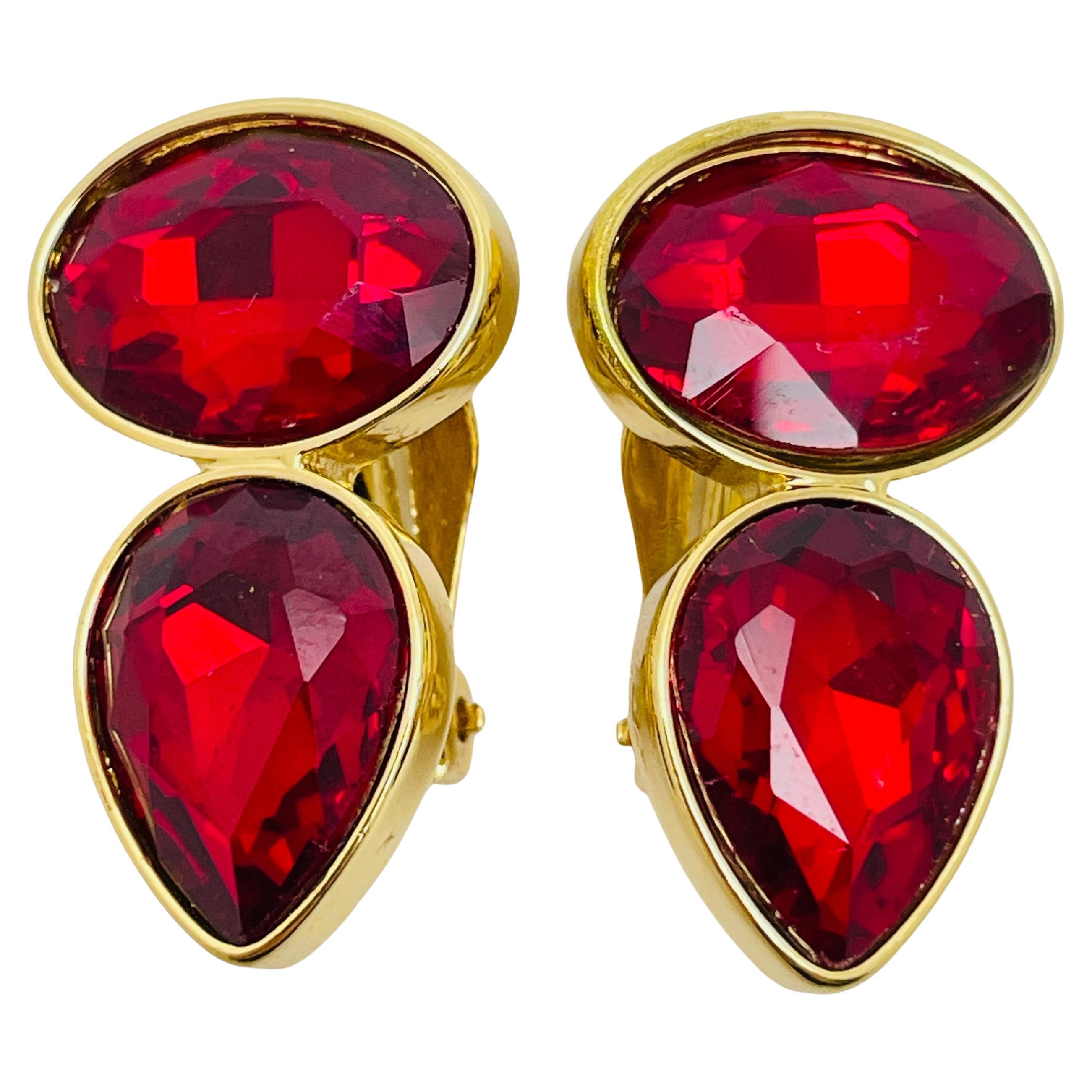Vintage gold red glass designer runway clip on earrings For Sale