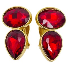 Vintage gold red glass designer runway clip on earrings