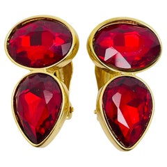 Pendientes de clip de diseñador de pasarela de cristal rojo dorado vintage
