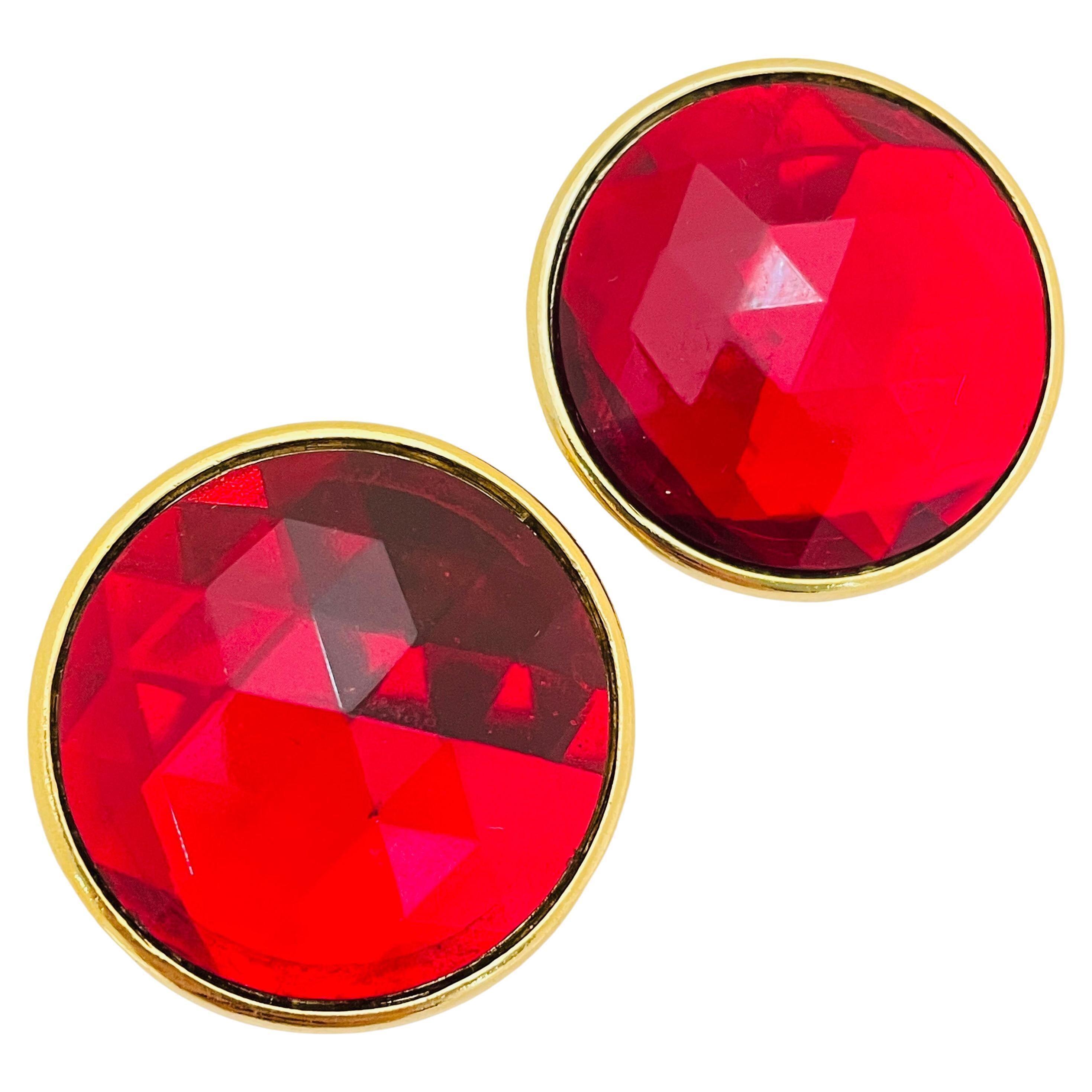 Vintage gold red glass designer runway pierced earrings For Sale