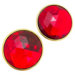 Vintage gold red glass designer runway pierced earrings