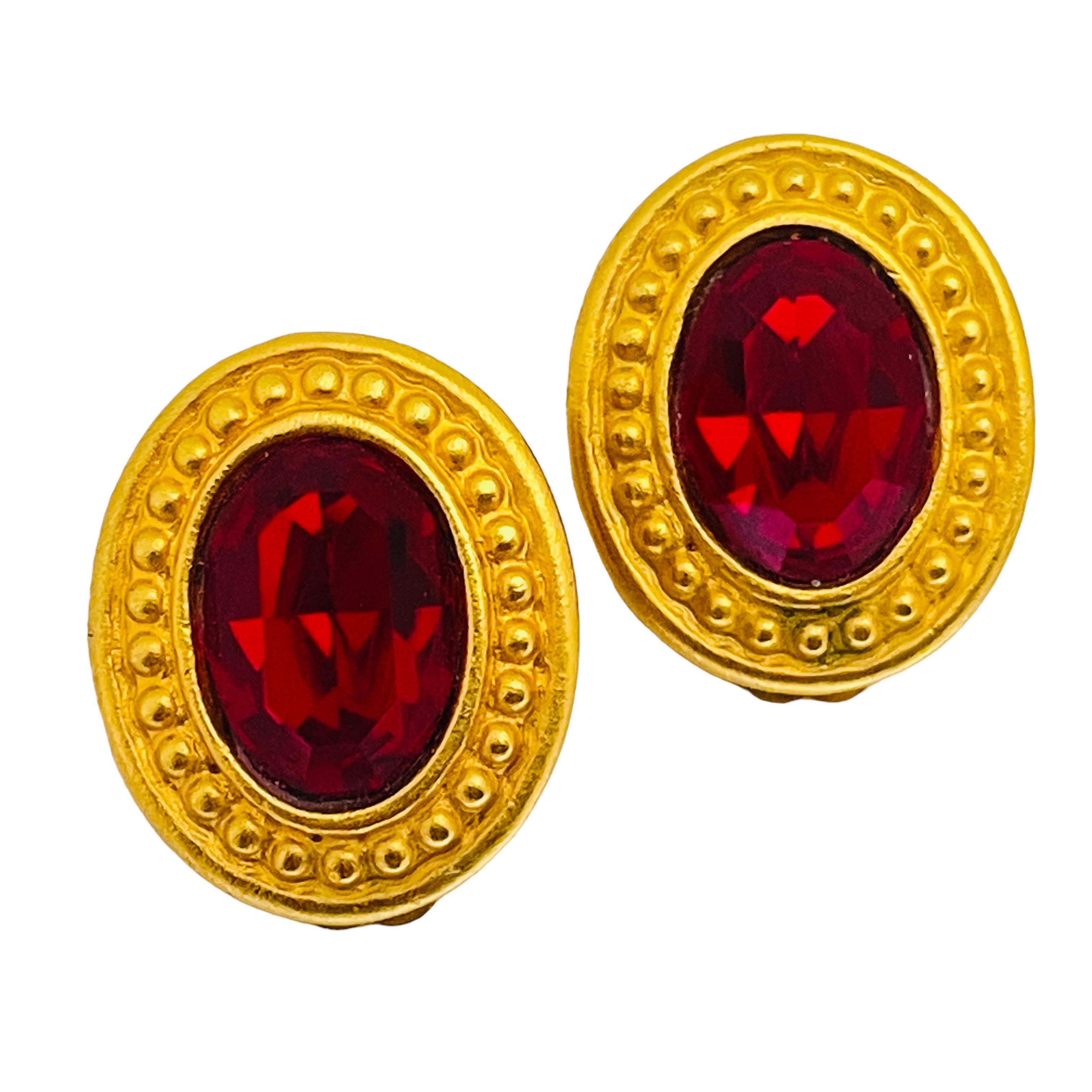 Women's or Men's Vintage gold red glass etruscsn style clip on 80’s earrings   For Sale