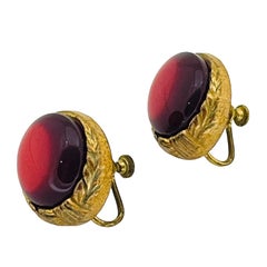 Vintage gold red glass screw back vintage earrings