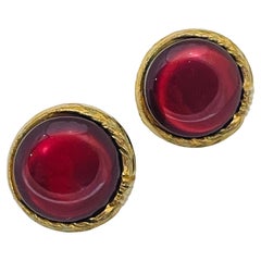 Used gold red glass screw back vintage earrings