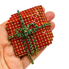 Vintage gold red green rhinestones Christmas Holiday present gift massive brooch