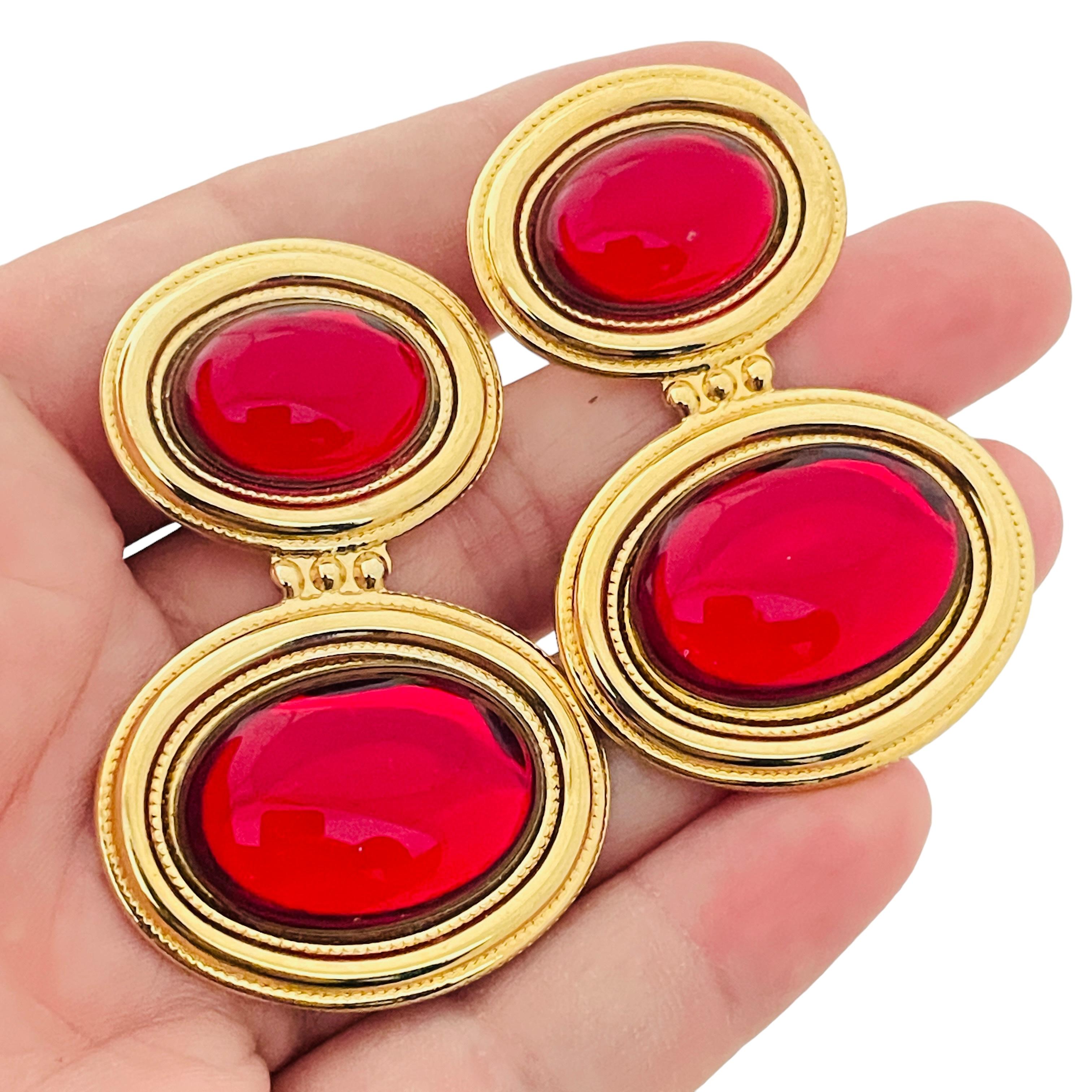 Women's Vintage gold red massive designer runway clip on earrings For Sale