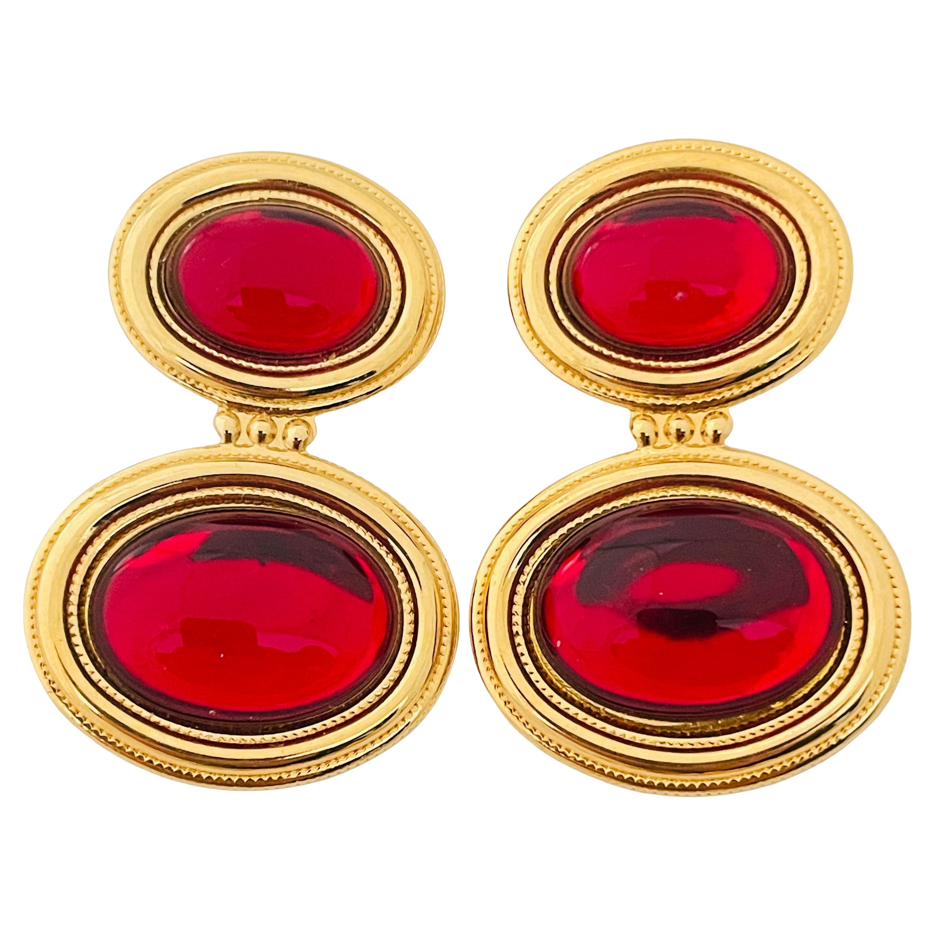 Vintage gold red massive designer runway clip on earrings For Sale