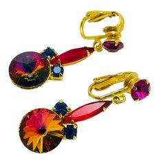 Vintage gold red pink rivioli rhinestones dangle designer clip on earrings
