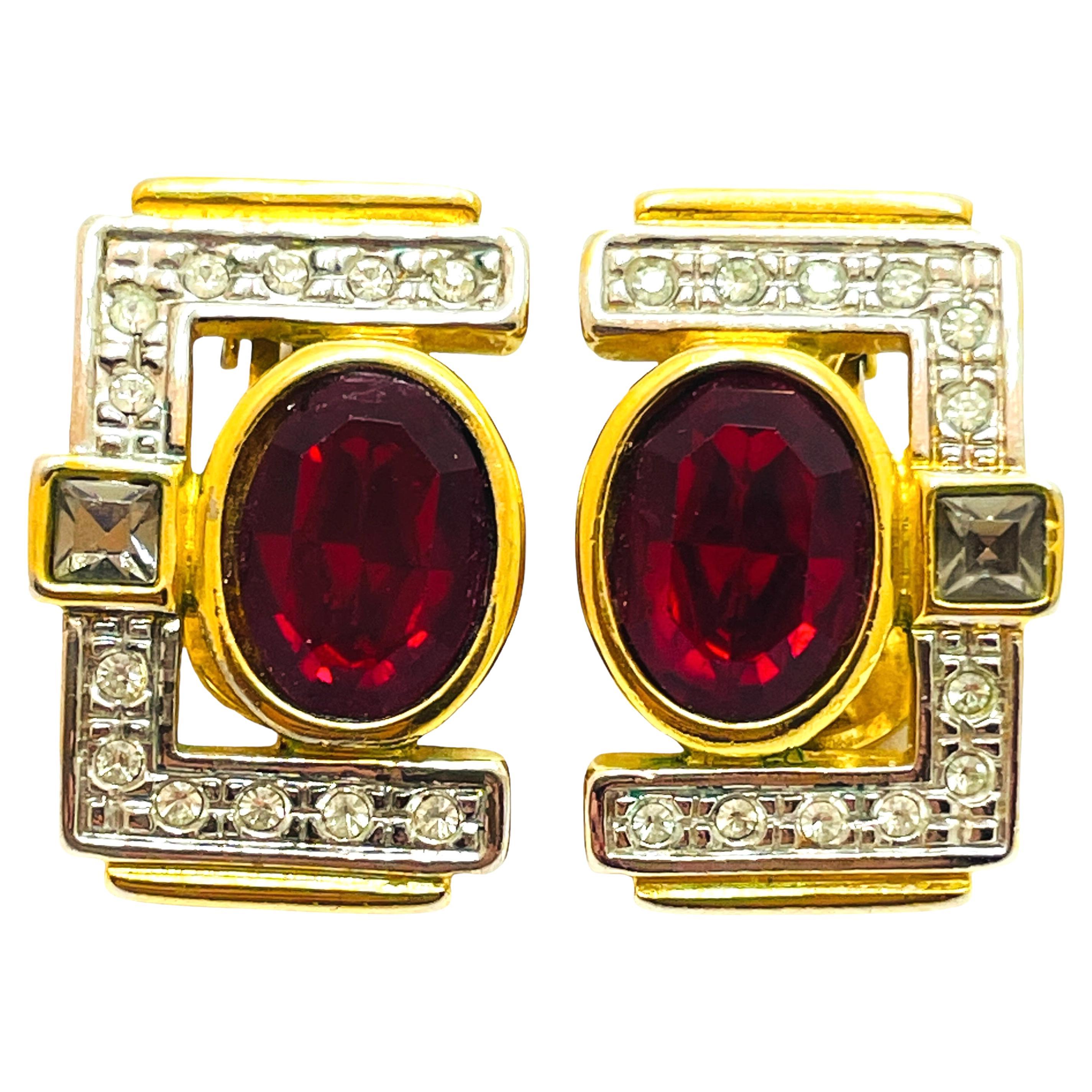 Vintage gold red rhinestone clip on earrings For Sale