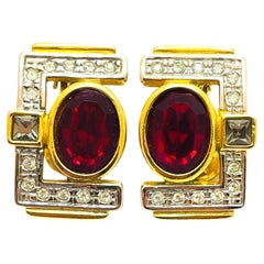 Vintage gold red rhinestone clip on earrings