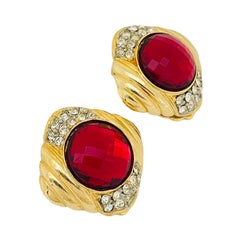 Vintage gold red rhinestone designer runway clip on earrings