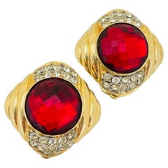 Used gold red rhinestone designer runway clip on earrings