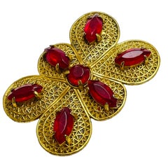 Vintage gold red rhinestone European designer brooch