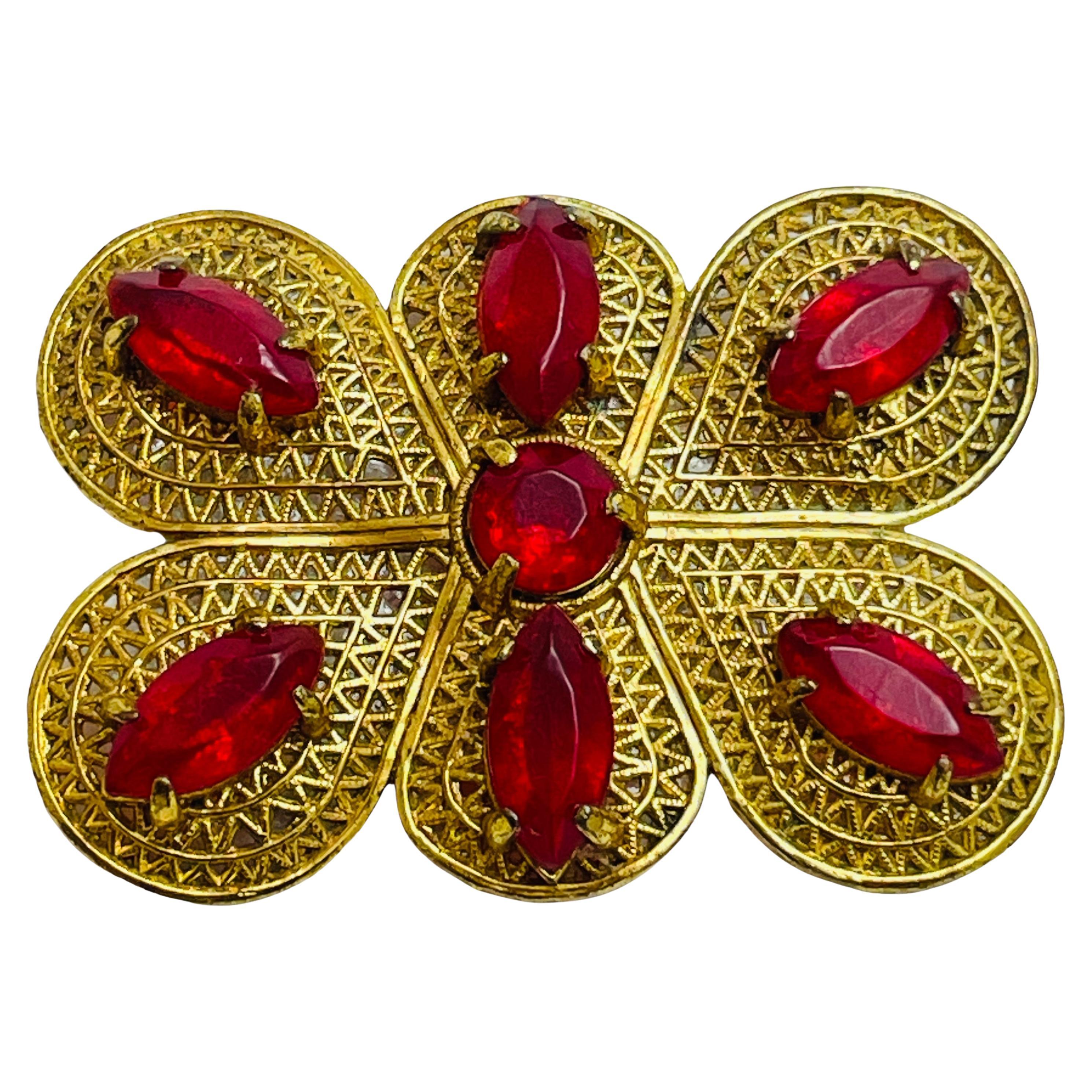 Vintage gold red rhinestone European designer brooch