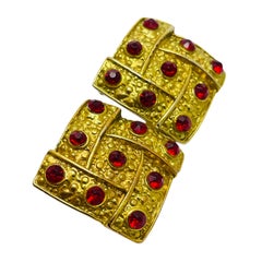 Vintage gold red rhinestones designer runway clip on earrings