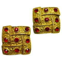 Vintage gold red rhinestones designer runway clip on earrings