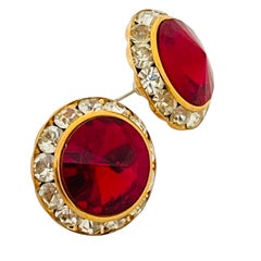 Vintage gold red rivioli glass clear rhinestones designer earrings