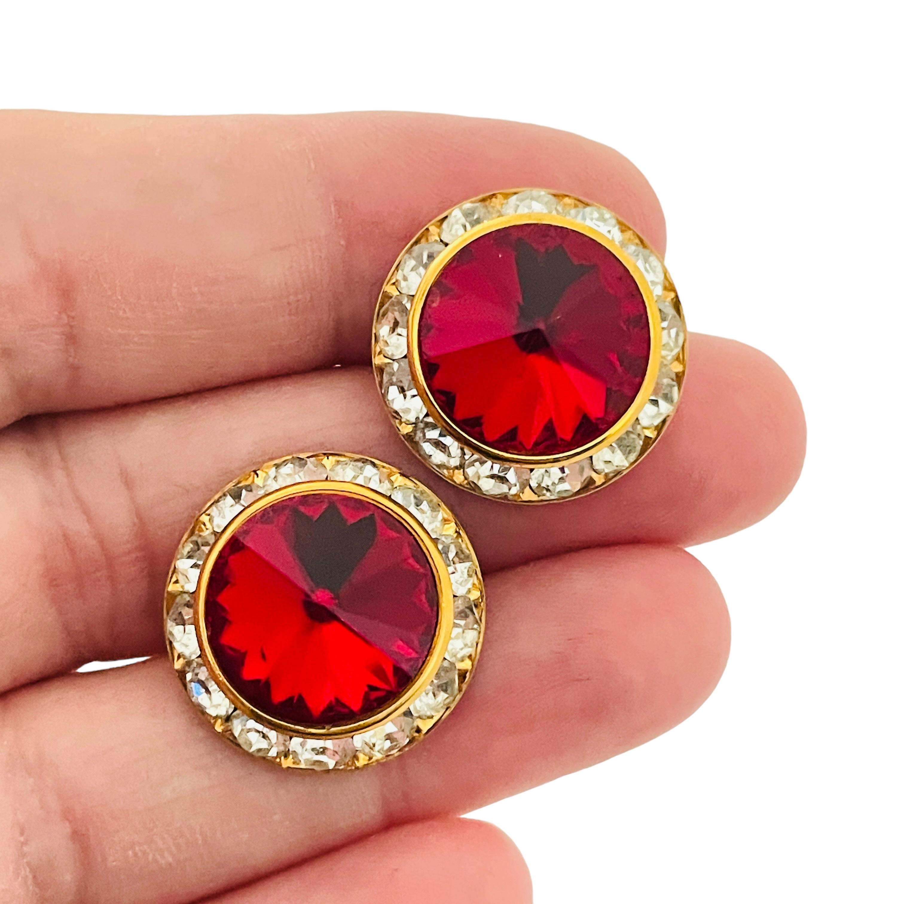 Women's Vintage gold red rivioli glass clear rhinestones designer earrings For Sale