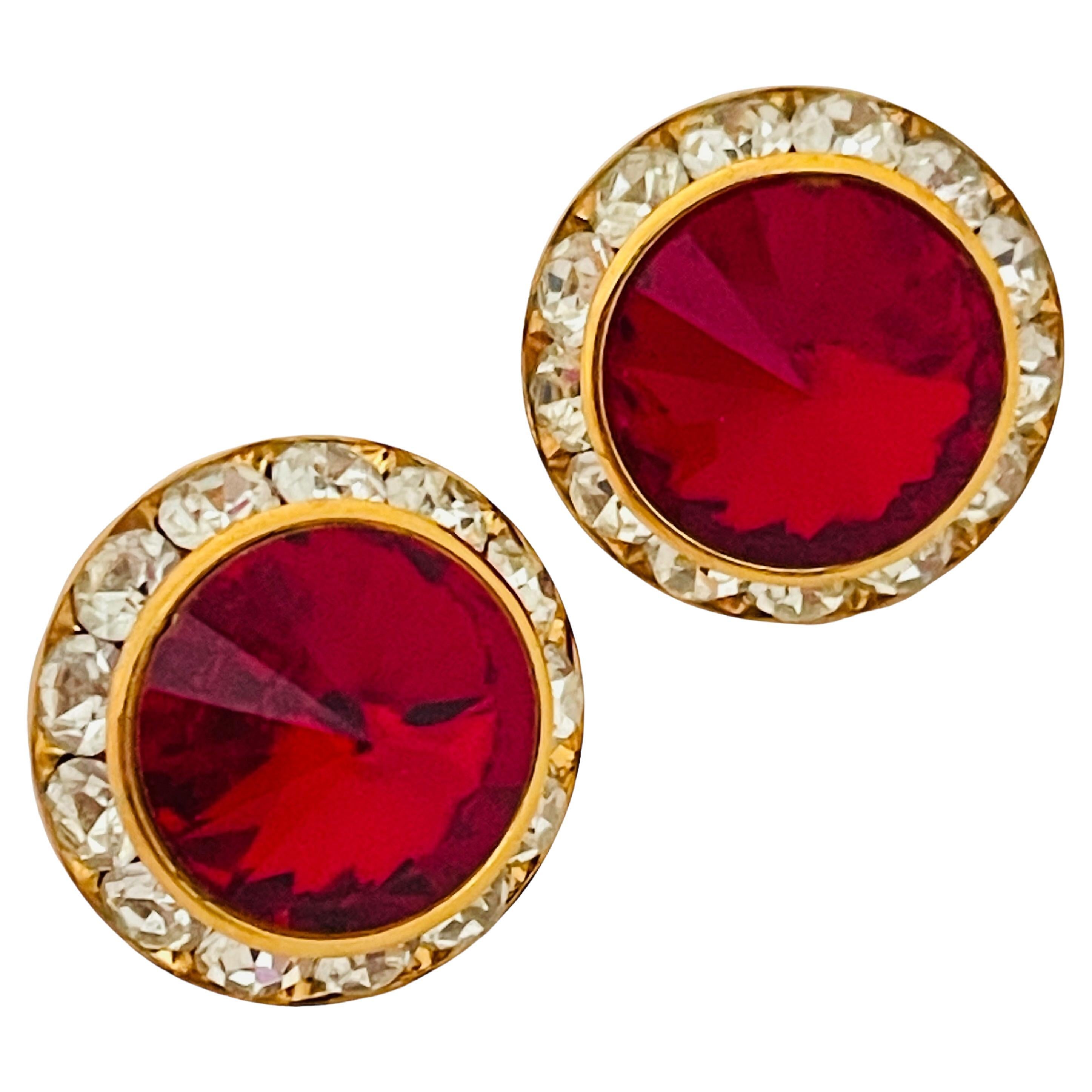 Vintage gold red rivioli glass clear rhinestones designer earrings For Sale