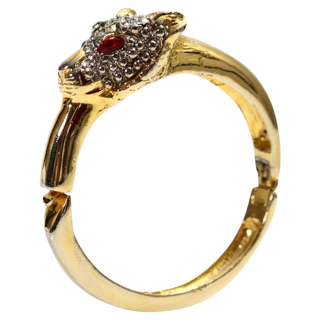 Bracelet léopard vintage en or avec strass et yeux rouges (années 1980) en vente 1