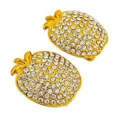 Vintage gold rhinestone apple designer runway clip on earrings