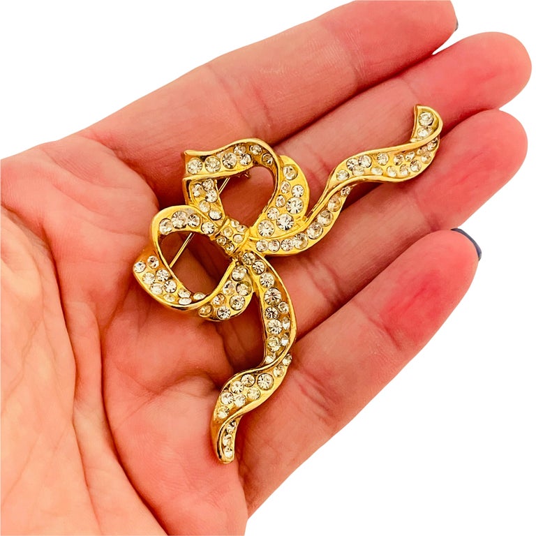 Broche Vintage Nœud Papillon Strass Doré - Bon état - Sans Marque