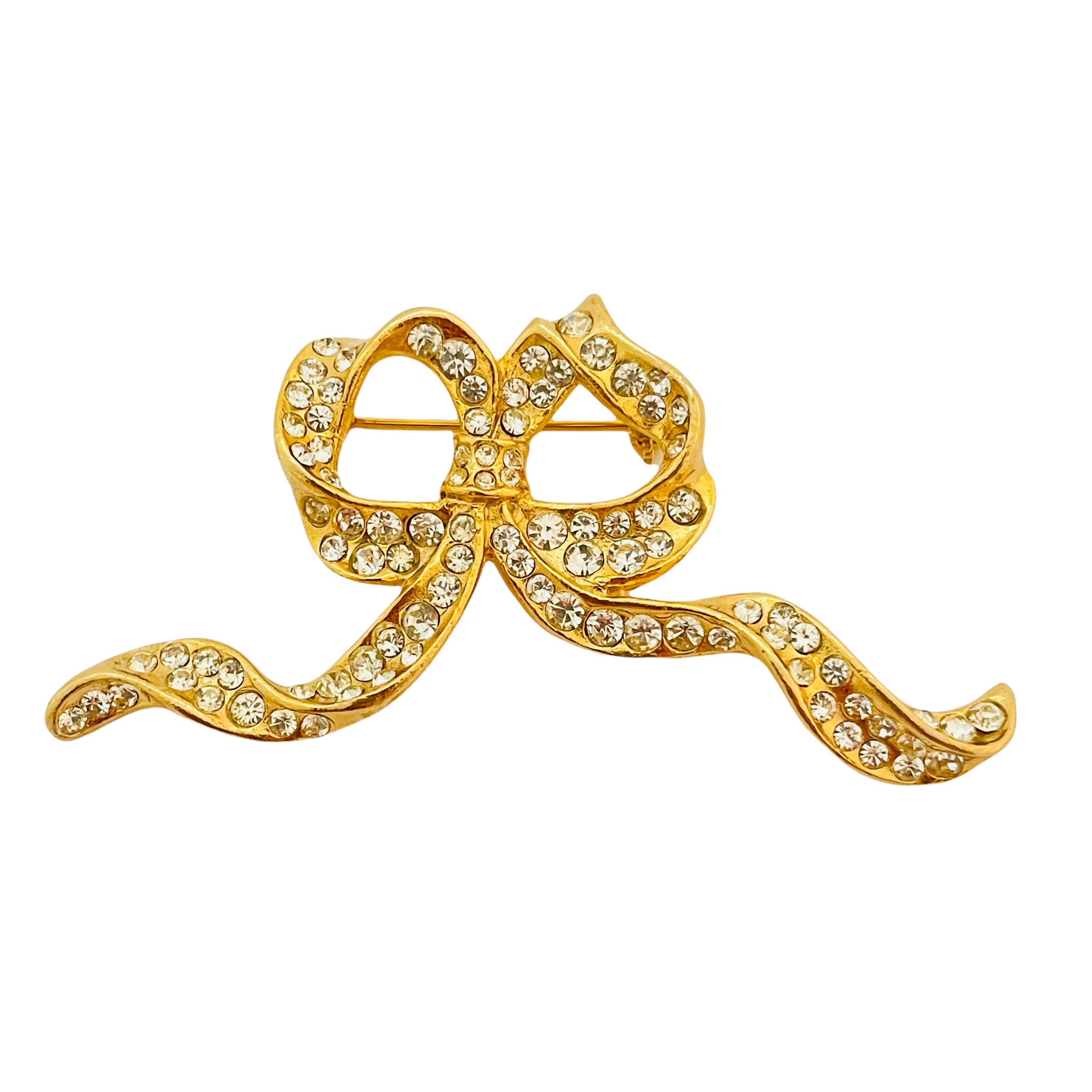 Women's Vintage gold rhinestone bow brooch designer runway For Sale