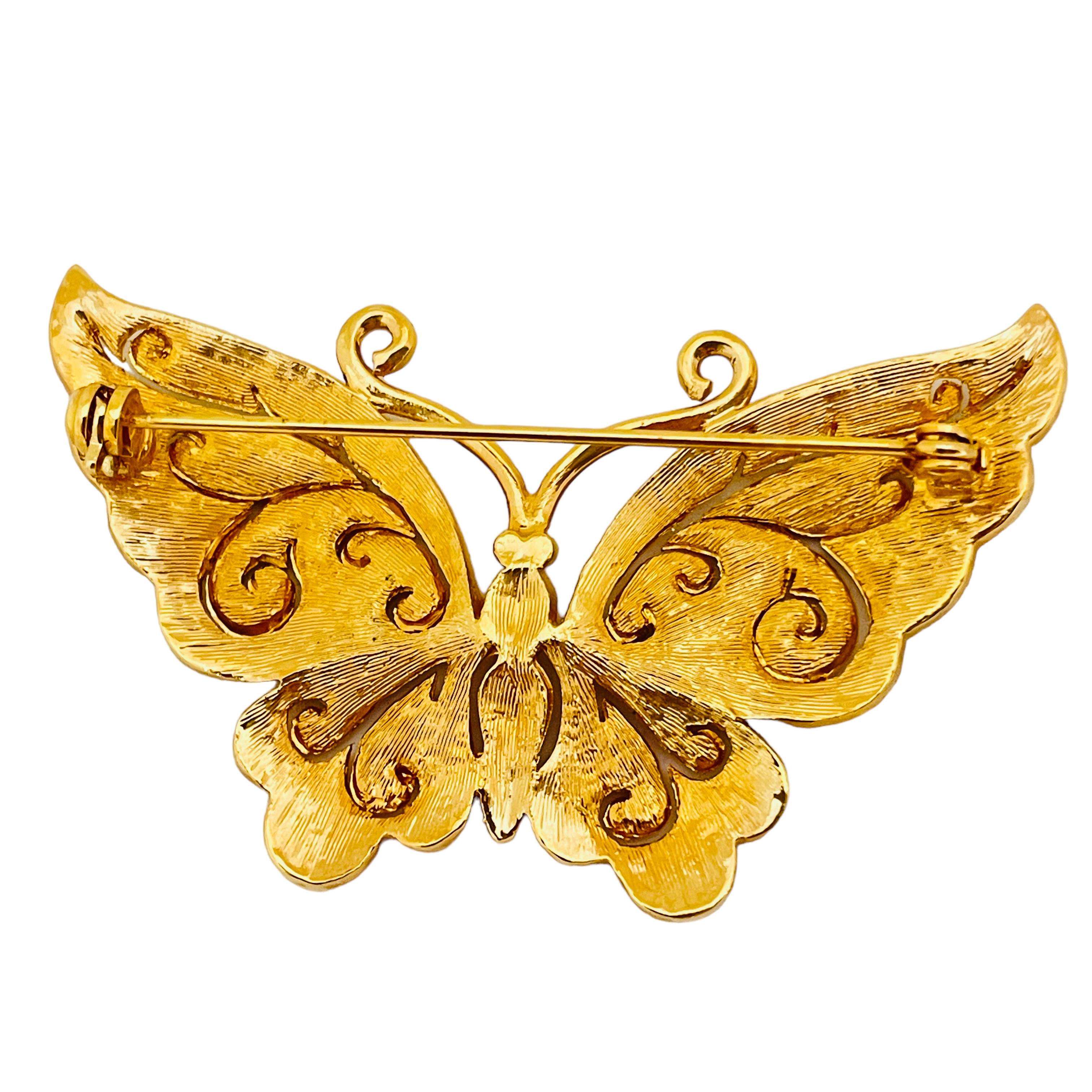 Women's or Men's Vintage gold rhinestone butterfly designer runway brooch  For Sale