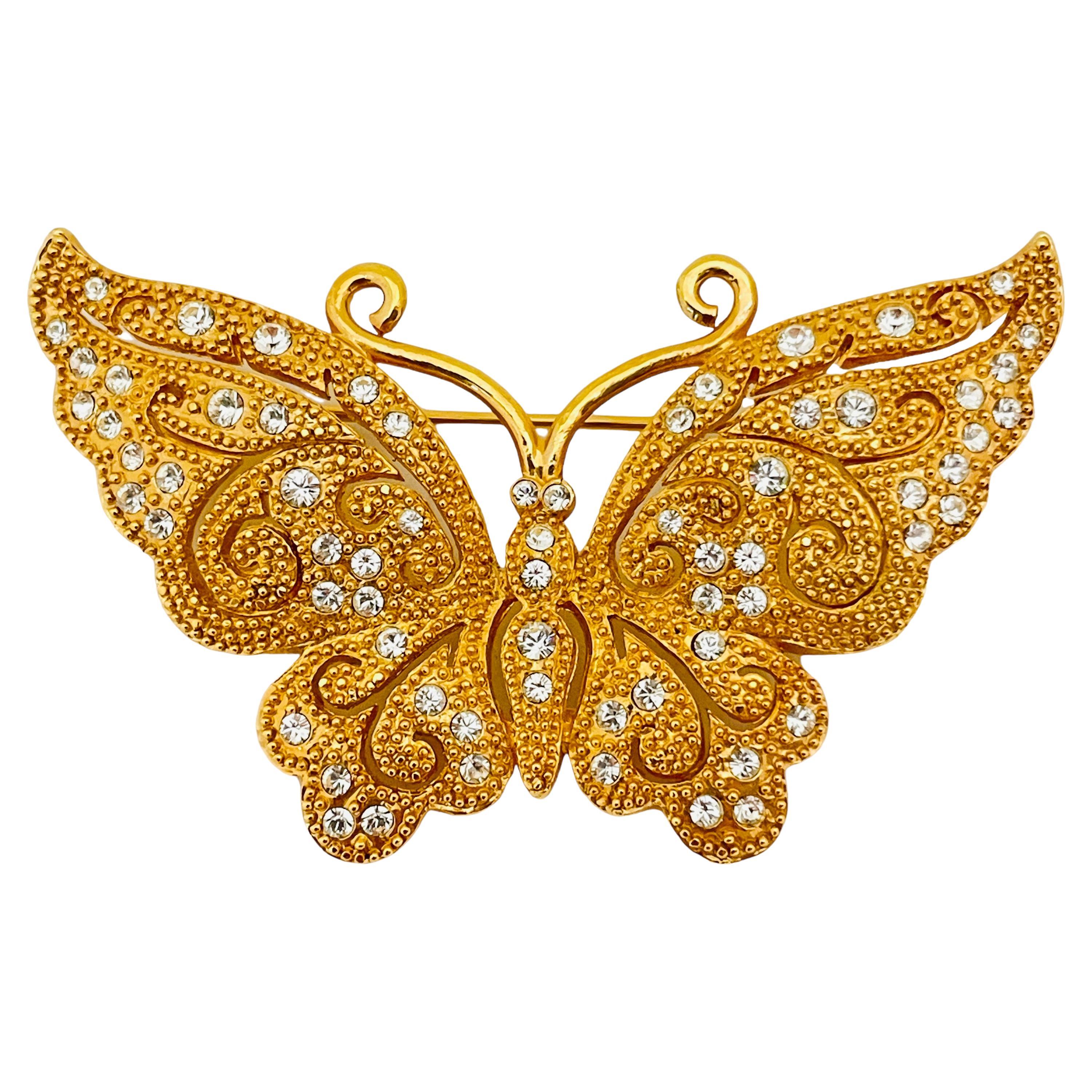 Vintage gold rhinestone butterfly designer runway brooch  For Sale
